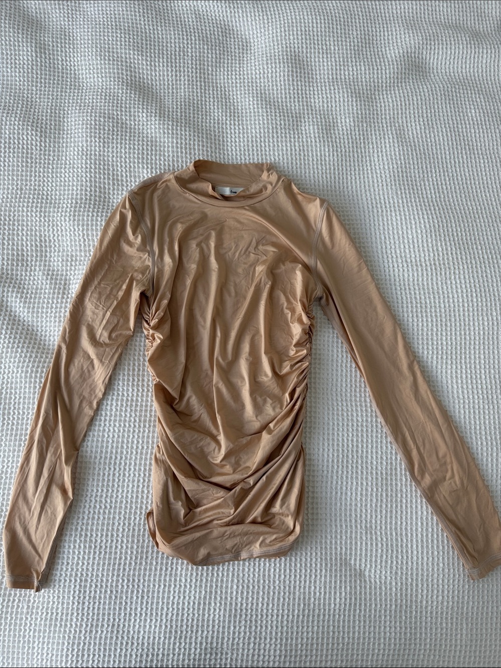 Aritzia Neutral Beige Long Sleeve Ruched Crew Top